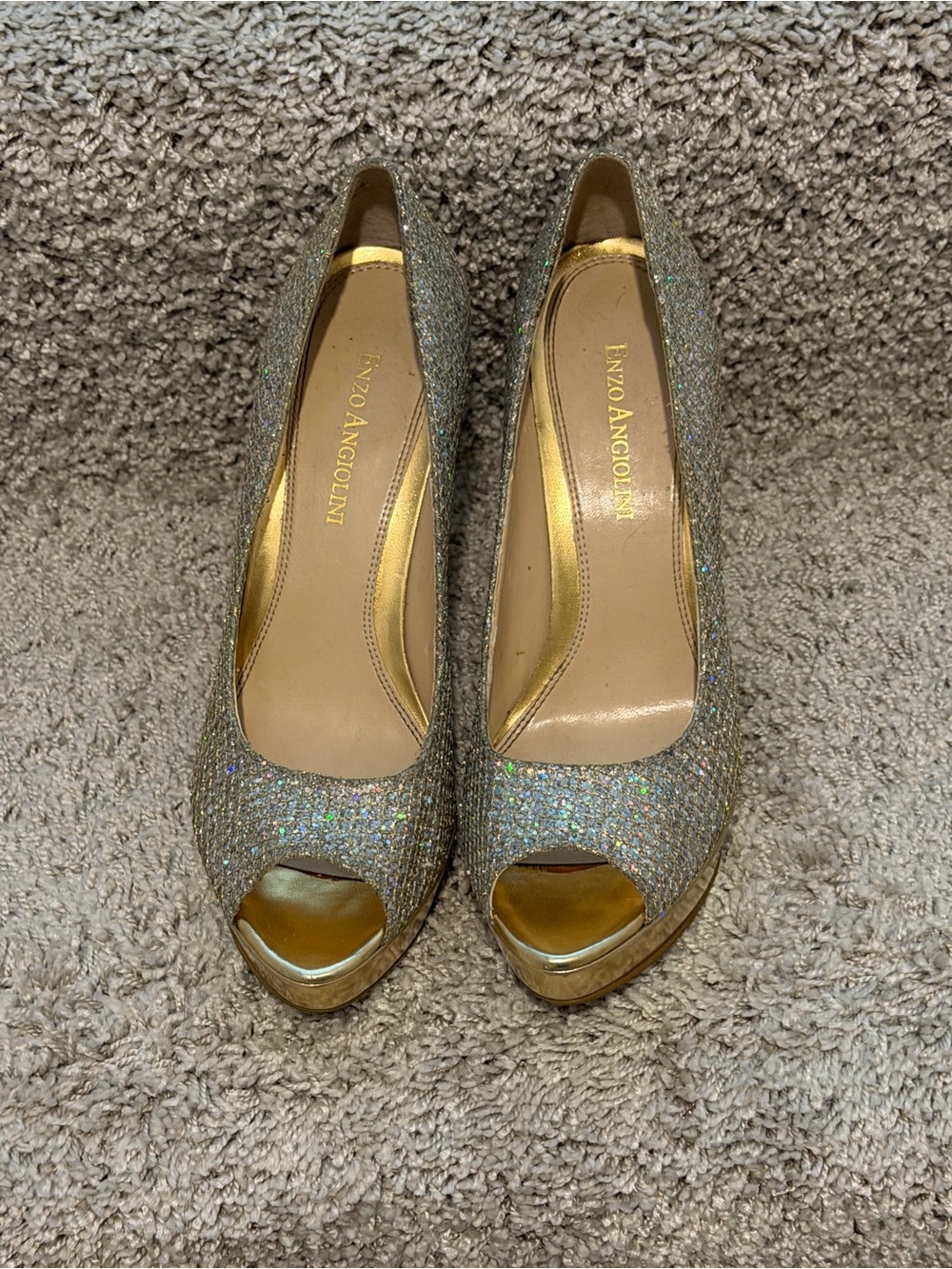Enzo Angiolini Silver Glitter Peep-Toe Pumps